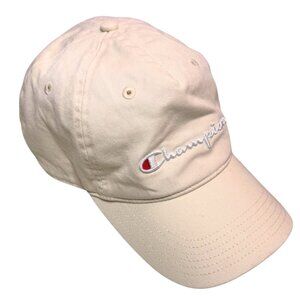 Champion Baseball Hat Cap Natural Beige Canvas Embroidered Logo Adjustable Strap